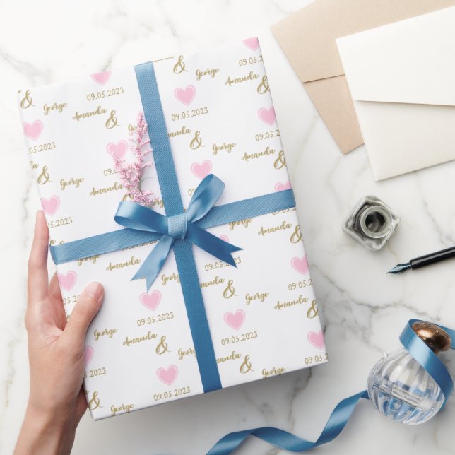 Papier Cadeau Pink Heart Gold Mariée & Groom Noms, Mariage blanc (Cadeaux)