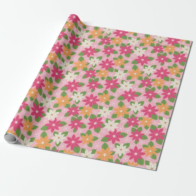 Papier Cadeau Pink Holiday Poinsettias Retro Style Enveloppe Cad (Déroulé)