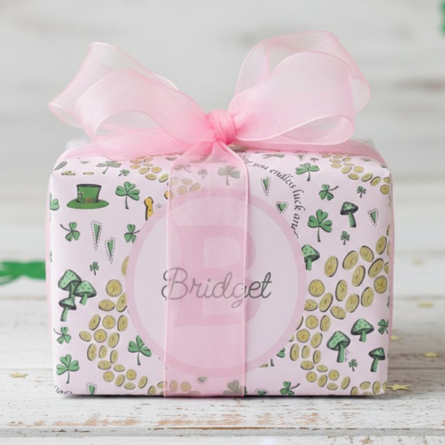 Papier Cadeau Pink, mignon & Curvy St. Patrick's Day Tissue Pape (Girly Pink St Patrick's Day Kids Birthday Wrapping Paper for Her. Cute Irish Pattern and Monogram)
