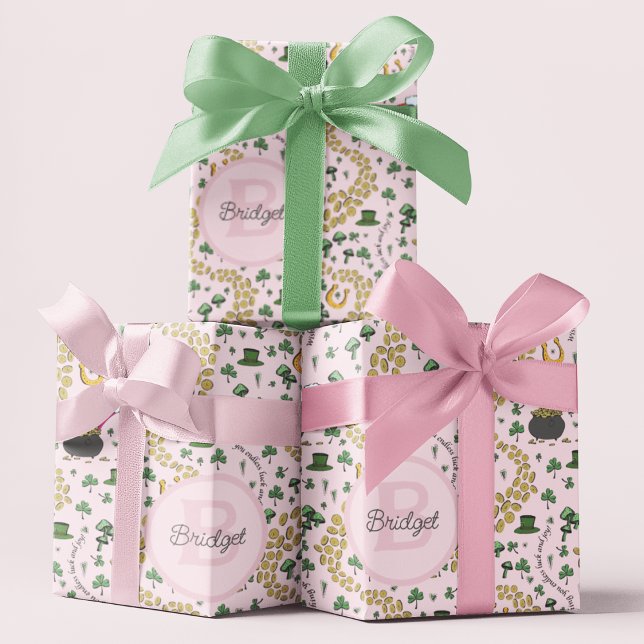 Papier Cadeau Pink, mignon & Curvy St. Patrick's Day Tissue Pape (whimsical pattern of gold shamrock coins , pots of gold under rainbows, horseshoes, green clovers...)