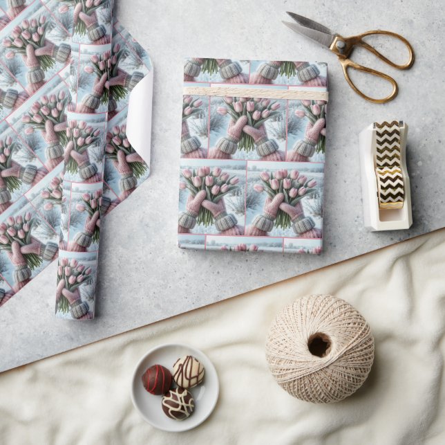 Papier Cadeau Pink Mittens tenant un bouquet de tulipe (Artisanat)