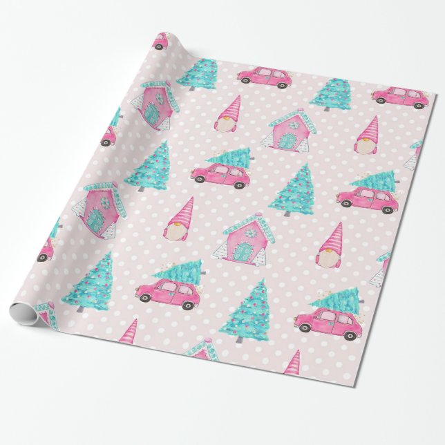 Papier Cadeau Pink Peppermenthe Gnome Arbre de Noël Motif (Déroulé)