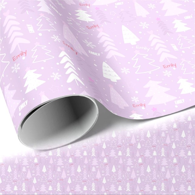 Papier Cadeau Pink Purple Trees Hiver Nom Texte Noël (Pink Purple Trees Winter Name Text Christmas Wrapping Paper)