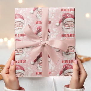 Papier Cadeau Pink & Red Vintage Santa Claus Joyeux et lumineux