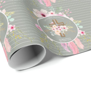 Papier Cadeau Pink Sage Floral Croix BAUTIZO Baptême Bautismo