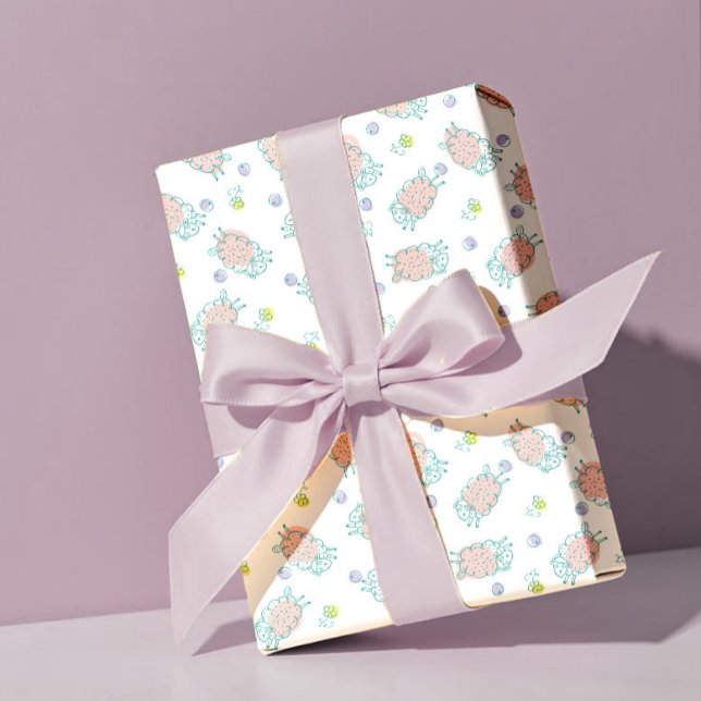Papier Cadeau Pink Sheep with Flowers & Berries - Cute Pattern (Créateur téléchargé)