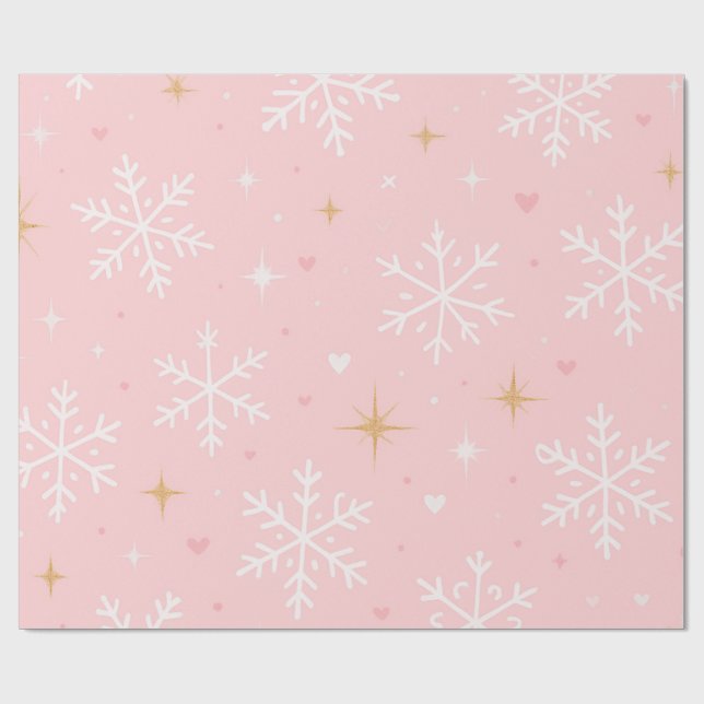 Papier Cadeau Pink Snowflake & Gold Sparkle Christmas  (Plat)