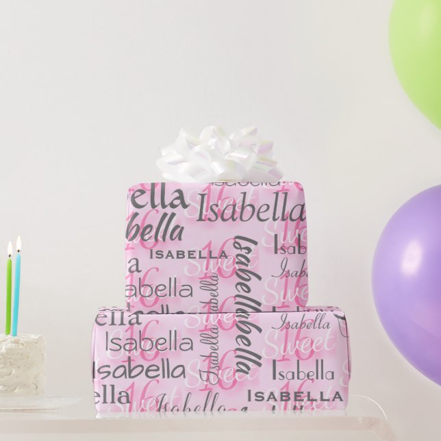 Papier Cadeau Pink Sweet 16 Personnaliser le nom (Cadeaux de fête)