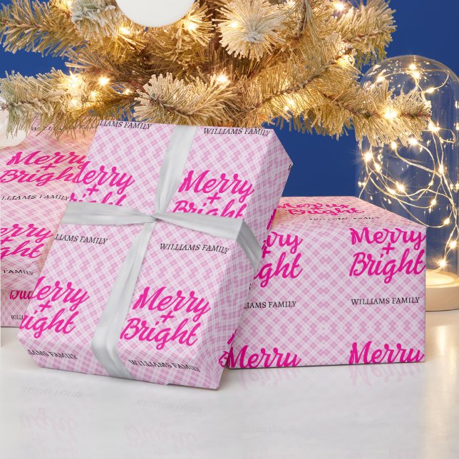Papier Cadeau Pink tartan Christmas Merry Bright Family name (Vacances)