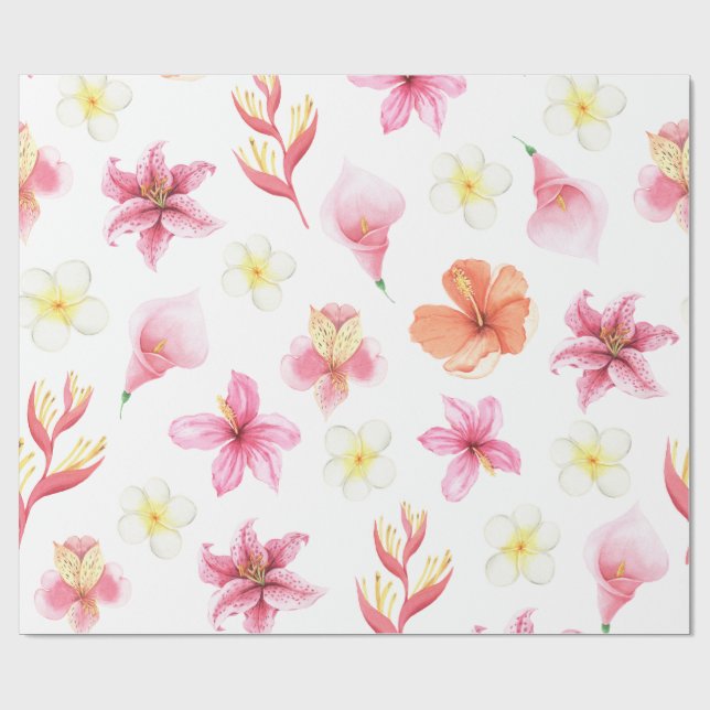 Papier Cadeau Pink Tropical Watercolor Floral Pattern (Plat)