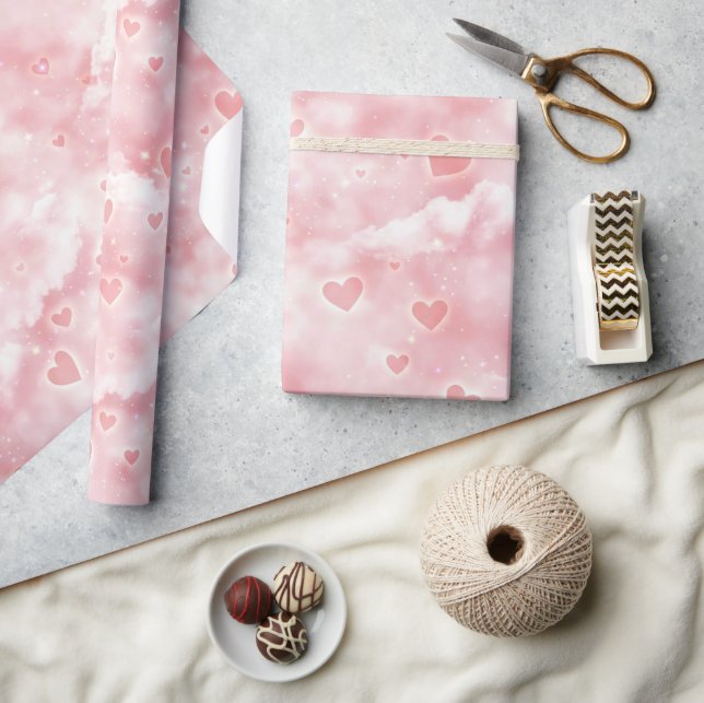 Papier Cadeau Pink Valentine Clouds Sky with Glowing Hearts (Artisanat)