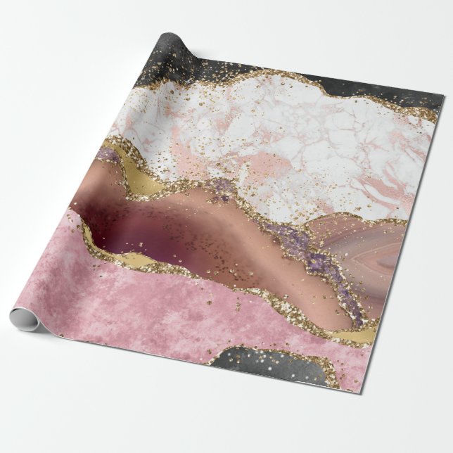 Papier Cadeau Pink White Black Mauve Gold Glitter Agate Marble (Déroulé)
