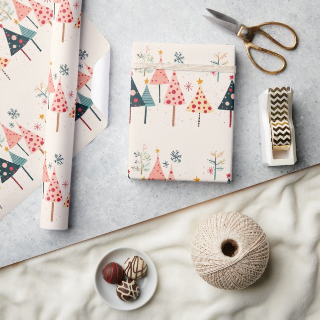 Papier Cadeau Pink, Yellow, Black, Teal Holiday Trees with Stars (Artisanat)