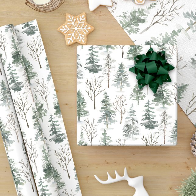 Papier Cadeau Pins d'hiver Aquarelle Noël (Créateur téléchargé)