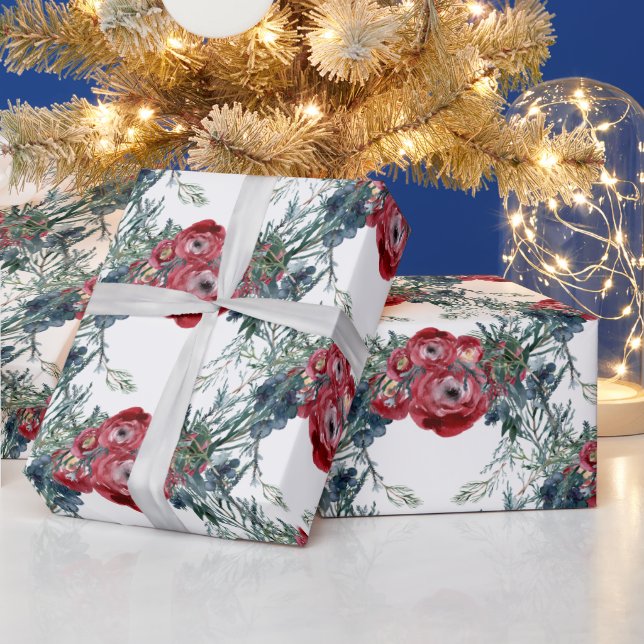 Papier Cadeau Pins et épinettes Rose d'hiver Trellis vert (Vacances)