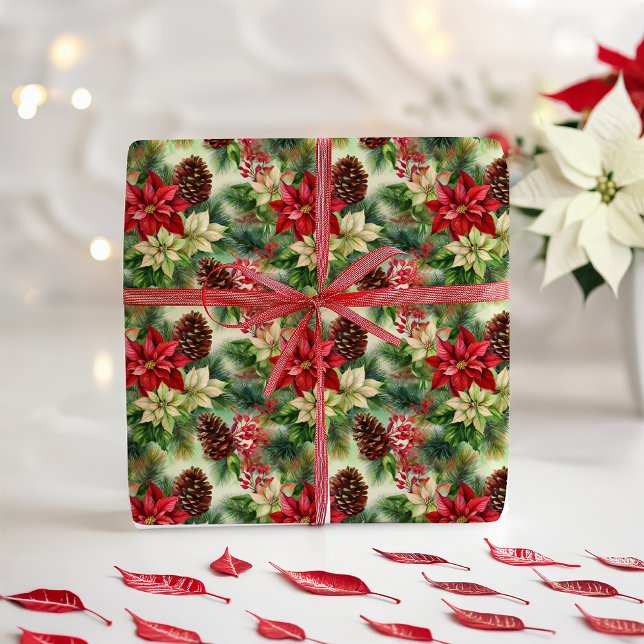 Papier Cadeau Pins Et Pinecones De Poinsettias Noël (Elegant Nostalgic Watercolor Poinsettias, Pine and Pinecones Christmas Holiday Wrapping Paper)