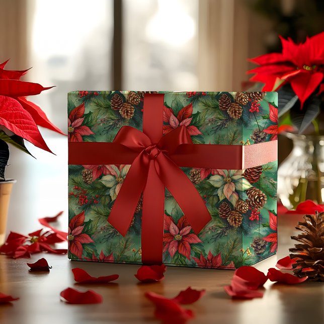 Papier Cadeau Pins Et Pinecones De Poinsettias Noël (Elegant Nostalgic Watercolor Poinsettias, Pine and Pinecones Christmas Holiday Wrapping Paper)