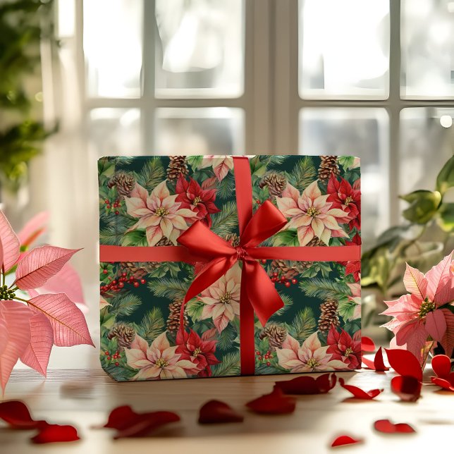 Papier Cadeau Pins Et Pinecones De Poinsettias Noël (Elegant Nostalgic Watercolor Poinsettias, Pine and Pinecones Christmas Holiday Wrapping Paper)