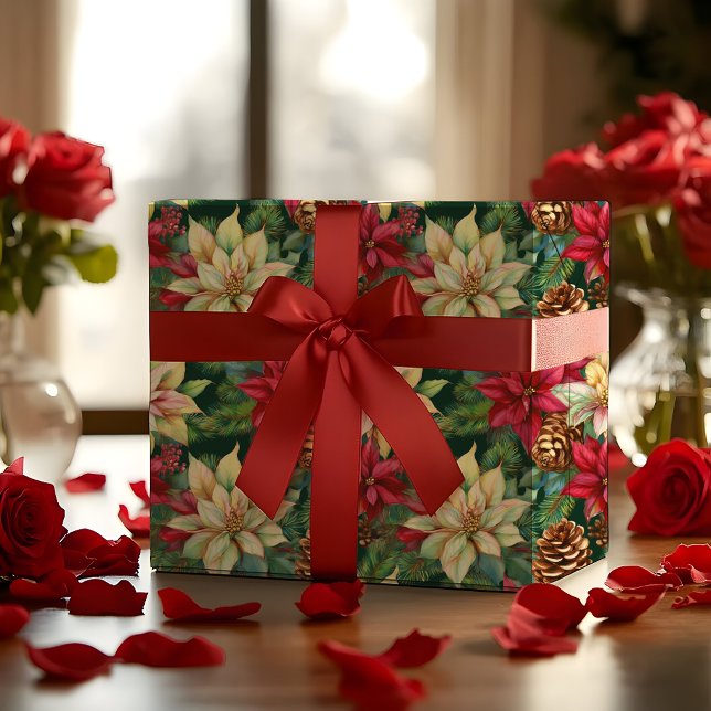 Papier Cadeau Pins Et Pinecones De Poinsettias Noël (Elegant Nostalgic Watercolor Poinsettias, Pine and Pinecones Christmas Holiday Wrapping Paper)