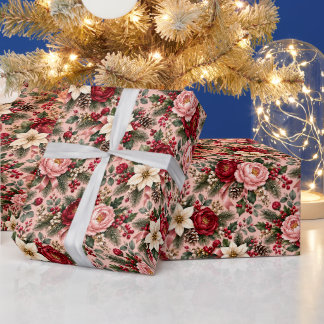 Papier Cadeau Pivoine Rose Pâle Sapin Sage Noël Floral