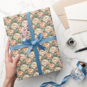 Papier Cadeau Pivoines roses et ivoire sur fond vert 