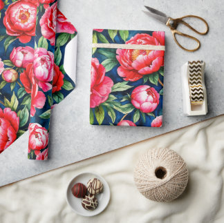 Papier Cadeau Pivoines roses rouges & motif bleu à feuilles vert