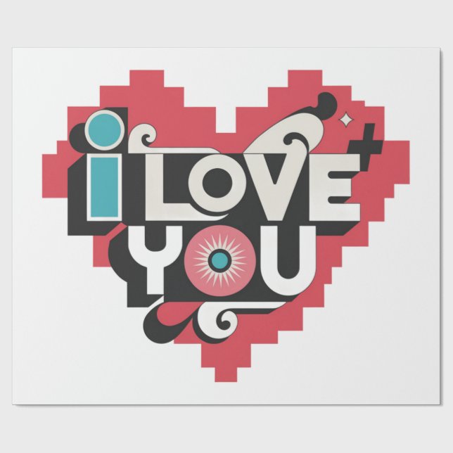 Papier Cadeau Pixel Heart Je t'aime Rétro Typographie (Plat)