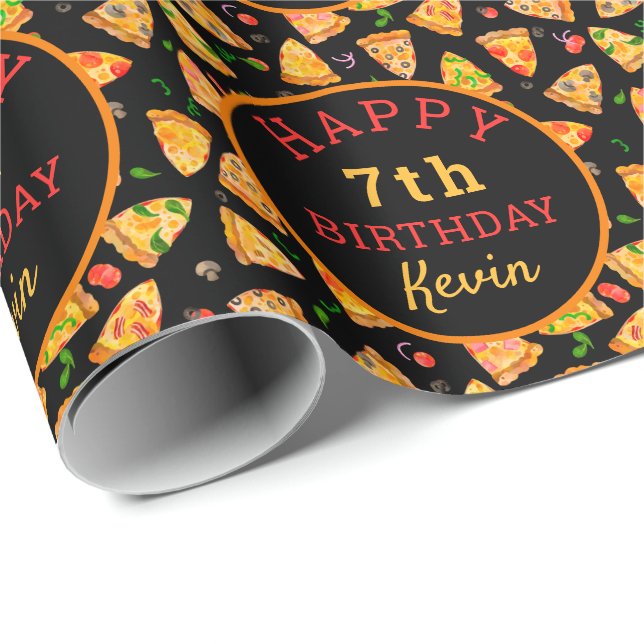 Papier Cadeau Pizza Party Anniversaire de enfant personnalisé (Coin rond)