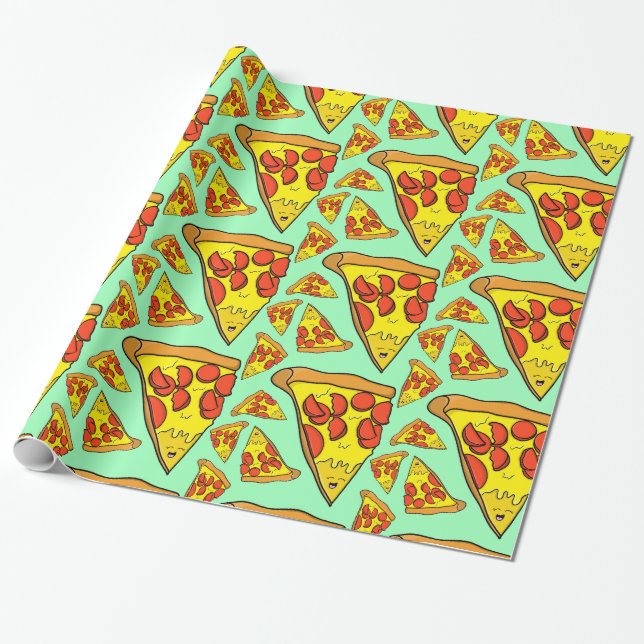 Papier Cadeau Pizza Pepperoni avec Arrière - plan vert Pastel (Déroulé)