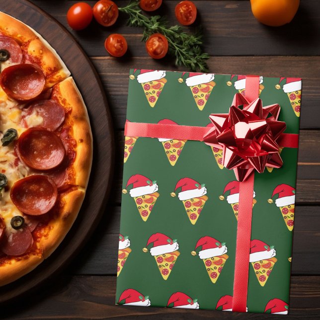 Papier Cadeau Pizzas de Noël amusantes en Santa Hats Green (Créateur téléchargé)