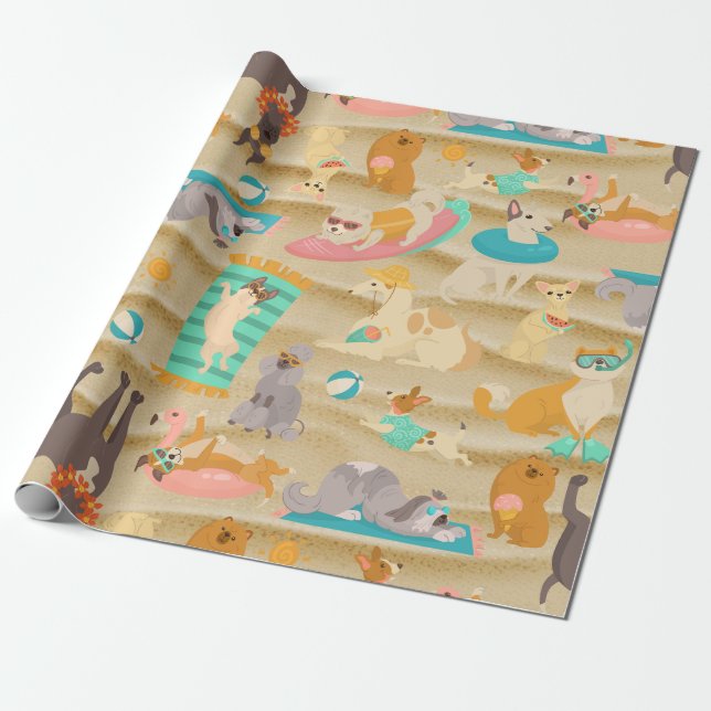 Papier Cadeau plage de sable tropical d'été chiens mignons (Déroulé)