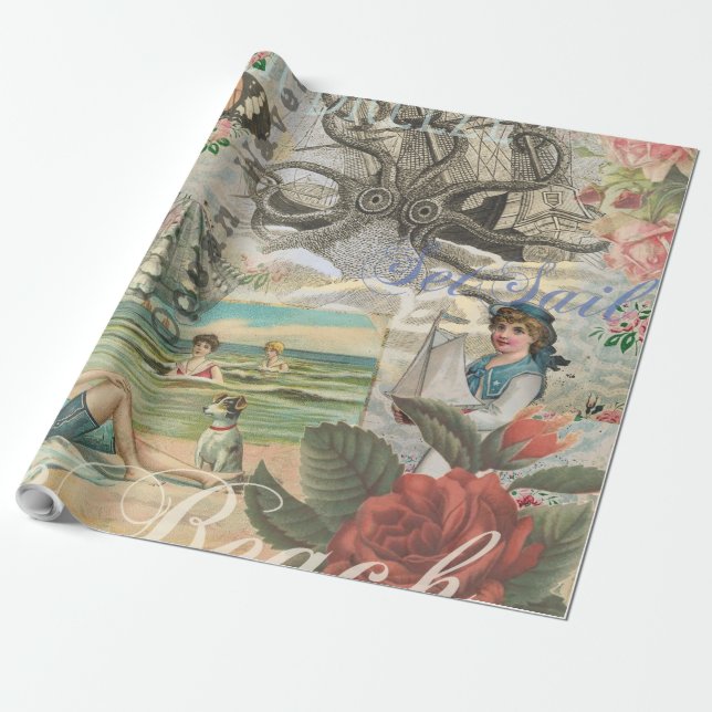 Papier Cadeau plage d'été poulpe vintage antique voile (Déroulé)