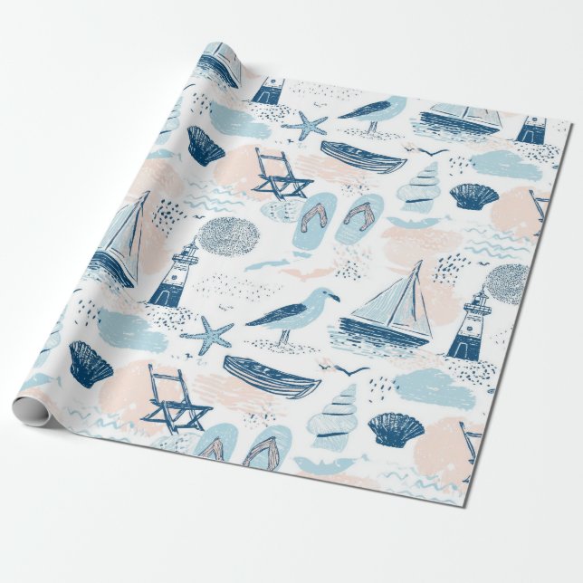 Papier Cadeau Plage nautique été bleu rose côtier (2) (Déroulé)