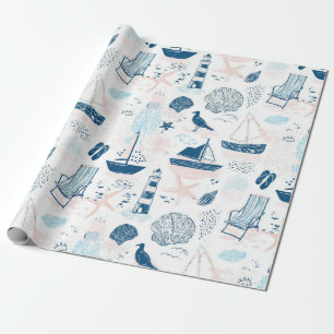 Papier Cadeau Plage Nautique Été Bleu Rose Côtière (1)