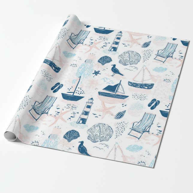 Papier Cadeau Plage Nautique Été Bleu Rose Côtière (1) (Déroulé)