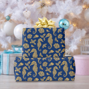 Papier Cadeau Plage Noël Motif de mer Gold Marine Bleu