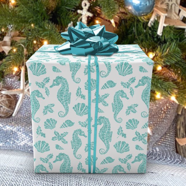 Papier Cadeau Plage Noël Parties scintillant hippocampe Aqua Whi (Créateur téléchargé)