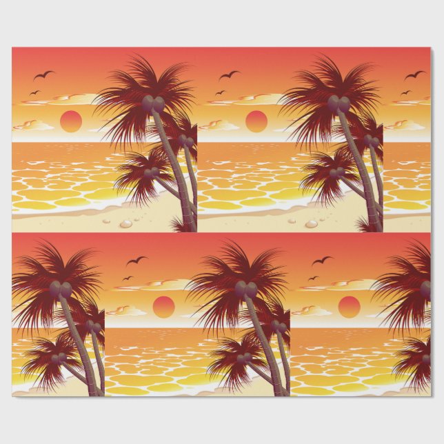 Papier Cadeau Plage Palmier Coucher de Soleil Tropical Île (Plat)
