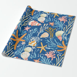 Papier Cadeau Plage Rétro Coquillages Orange Rose Jaune Bleu