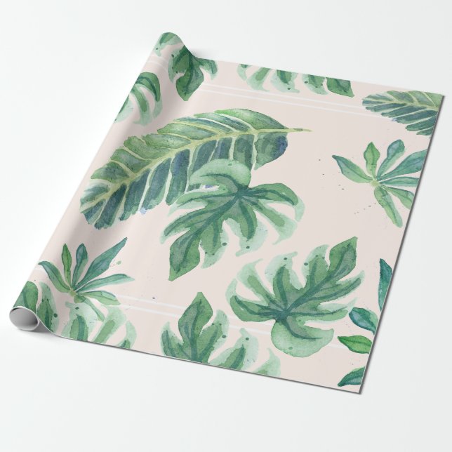 Papier Cadeau Plage Tropical Blush n Green Jungle Feuillage (Déroulé)