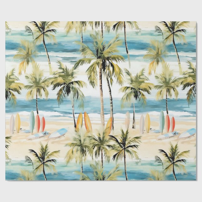 Papier Cadeau Plage tropicale avec planches de surf enveloppant  (Plat)