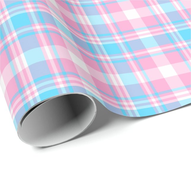Papier Cadeau Plaid bleu-clair, rose et blanc (Coin rond)