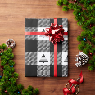 Papier Cadeau Plaid Buffalo noir et blanc avec sapins de Noël