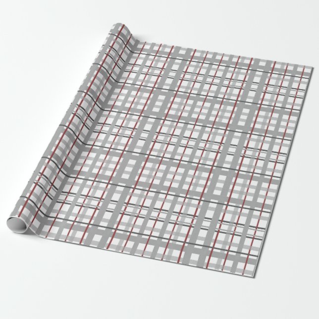Papier Cadeau Plaid Célébration Joyeuse Gris Argent Rouge Carrea (Déroulé)