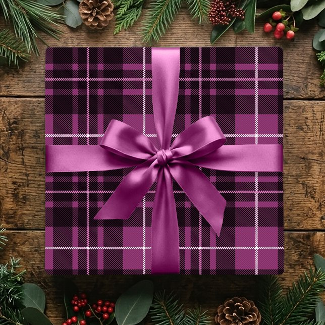 Papier Cadeau Plaid Classique de Noël Rose Foncé Tartan de Fêtes (Créateur téléchargé)