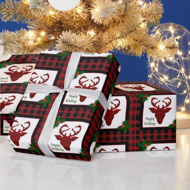 Papier Cadeau Plaid de Buffalo Rustique Tête de Cerf Noël (Vacances)
