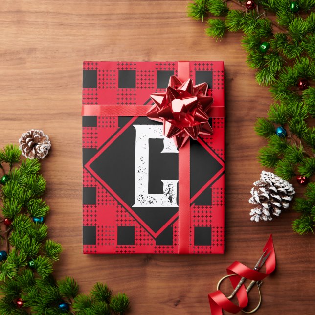 Papier Cadeau plaid de buffle moderne rouge et noir Monogramme i (Cadeau de vacances)