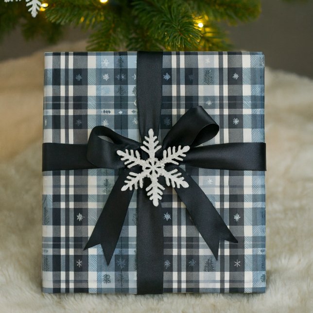 Papier Cadeau Plaid de Noël Flocon de neige & Arbre  (Christmas Plaid Wrapping Paper Snowflake & Tree Design)