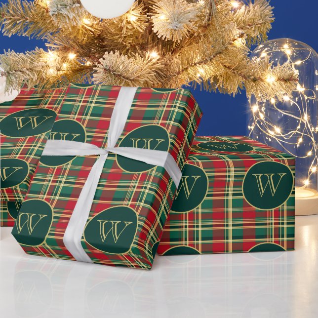 Papier Cadeau Plaid de Noël Rouge et Vert avec Monogramme (Vacances)