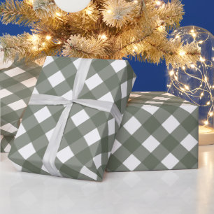 Papier Cadeau Plaid de sauge diagonale vert et blanc de buffle